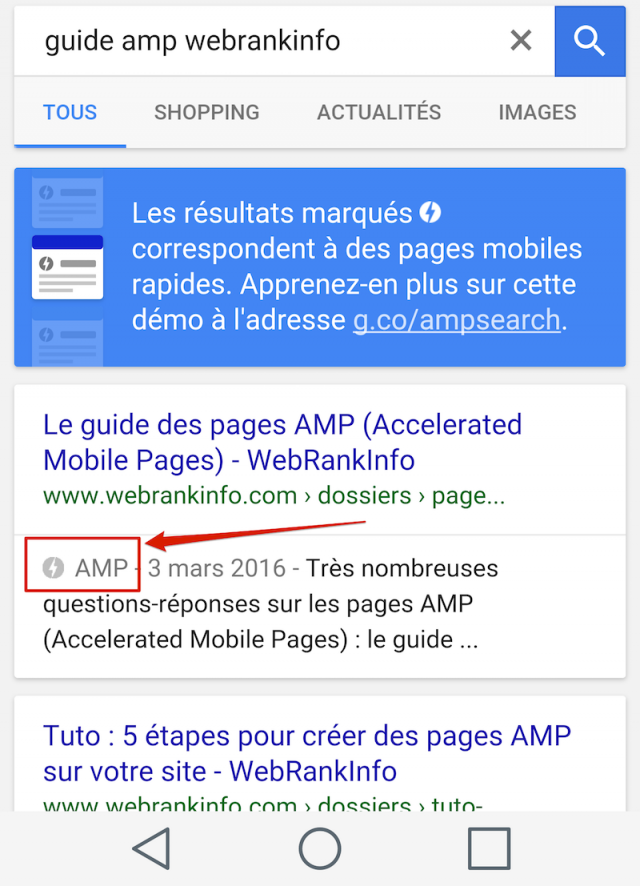 Pages AMP dans résultats Google
