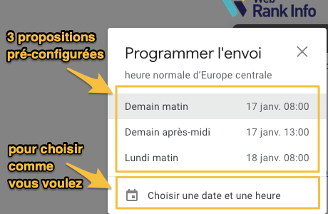 Options pour l'envoi programmé de mail Gmail